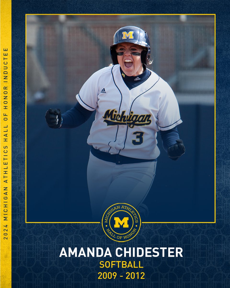 Michigan Softball (@umichsoftball) on Twitter photo Congratulations to Wolverine great Amanda Chidester (<a href="/chiddy3/">Amanda Chidester, OLY</a>) on her selection to the <a href="/UMichAthletics/">Michigan Athletics ใฝ๏ธ</a> Hall of Honor!
โญ๏ธ 2x <a href="/NFCAorg/">National Fastpitch Coaches Association</a> All-American
โญ๏ธ 2x <a href="/bigten/">Big Ten Conference</a> POY
โญ๏ธ Olympic silver medalist
โญ๏ธ .355 career avg, 248 hits, 200 RBI, 40 HR
ยป myumi.ch/jZQ1V | #GoBlue Congratulations to Wolverine great Amanda Chidester (<a href="/chiddy3/">Amanda Chidester, OLY</a>) on her selection to the <a href="/UMichAthletics/">Michigan Athletics ใฝ๏ธ</a> Hall of Honor!
โญ๏ธ 2x <a href="/NFCAorg/">National Fastpitch Coaches Association</a> All-American
โญ๏ธ 2x <a href="/bigten/">Big Ten Conference</a> POY
โญ๏ธ Olympic silver medalist
โญ๏ธ .355 career avg, 248 hits, 200 RBI, 40 HR
ยป myumi.ch/jZQ1V | #GoBlue