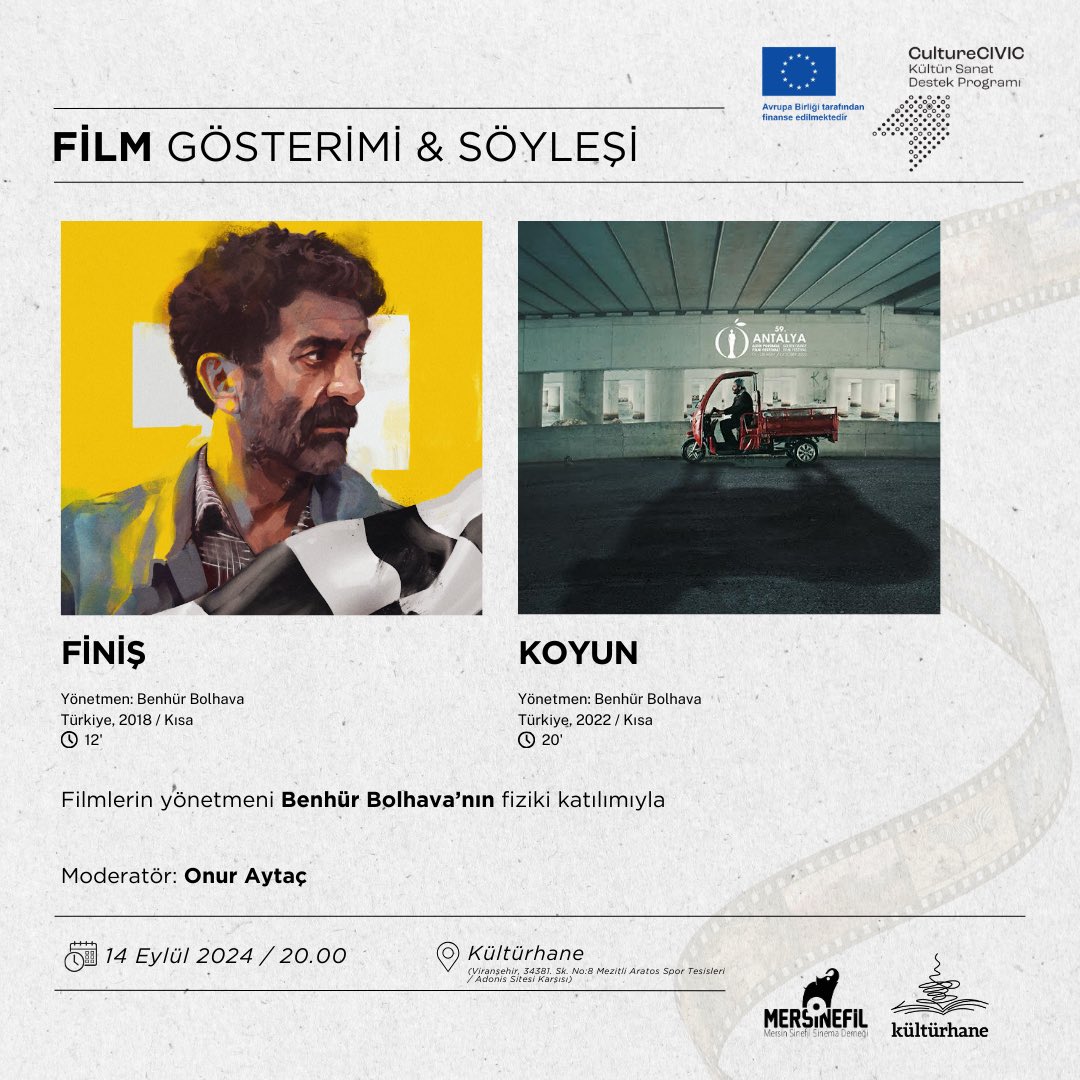 🎞️ Bu hafta perdemizi Benhür Bolhava‘nın yönetmenliği yaptığı iki kısa film “Finiş” ve “Koyun” için açıyoruz! 

Filmlerden sonra <a href="/onuraytac__/">onur aytaç</a> moderatörlüğünde  <a href="/benhurbolhava/">Benhür Bolhava</a> ile filmleri üzerine söyleşiyoruz. 

🔔14 Eylül Cumartesi akşamı, 
20.00’da <a href="/Kulturhanemiz/">Kültürhane</a> ‘de!