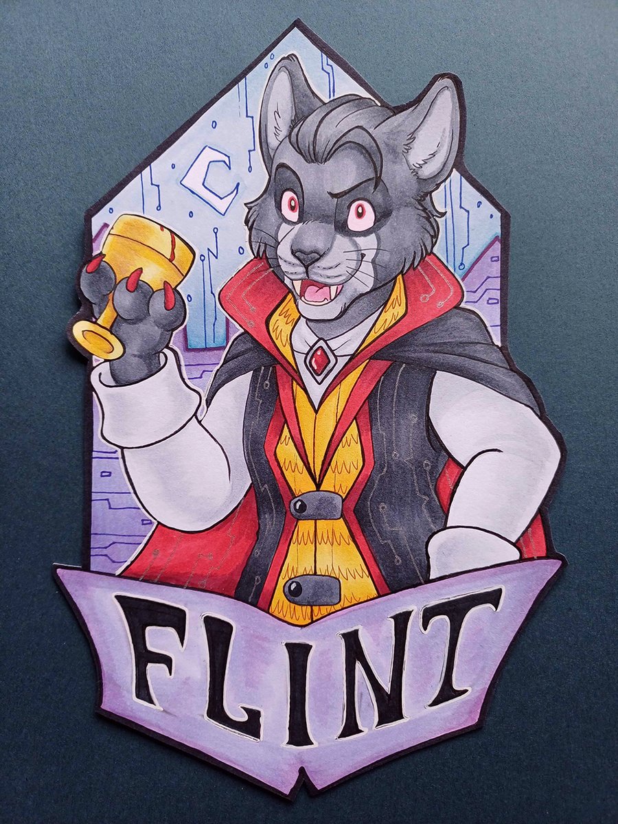 I'm very happy about all the positive feedback I get for these badges! >///< This one's for <a href="/FlintGlomcat/">🐘@FlintGlomcat@meow.social 🦋@flint.bsky.social</a>, a very fancy cyber-vampir-cat :D 

Pre-ordes for #Eurofurence are open until September 13th, if you'd like to get one for yourself. More info in my pinned post.