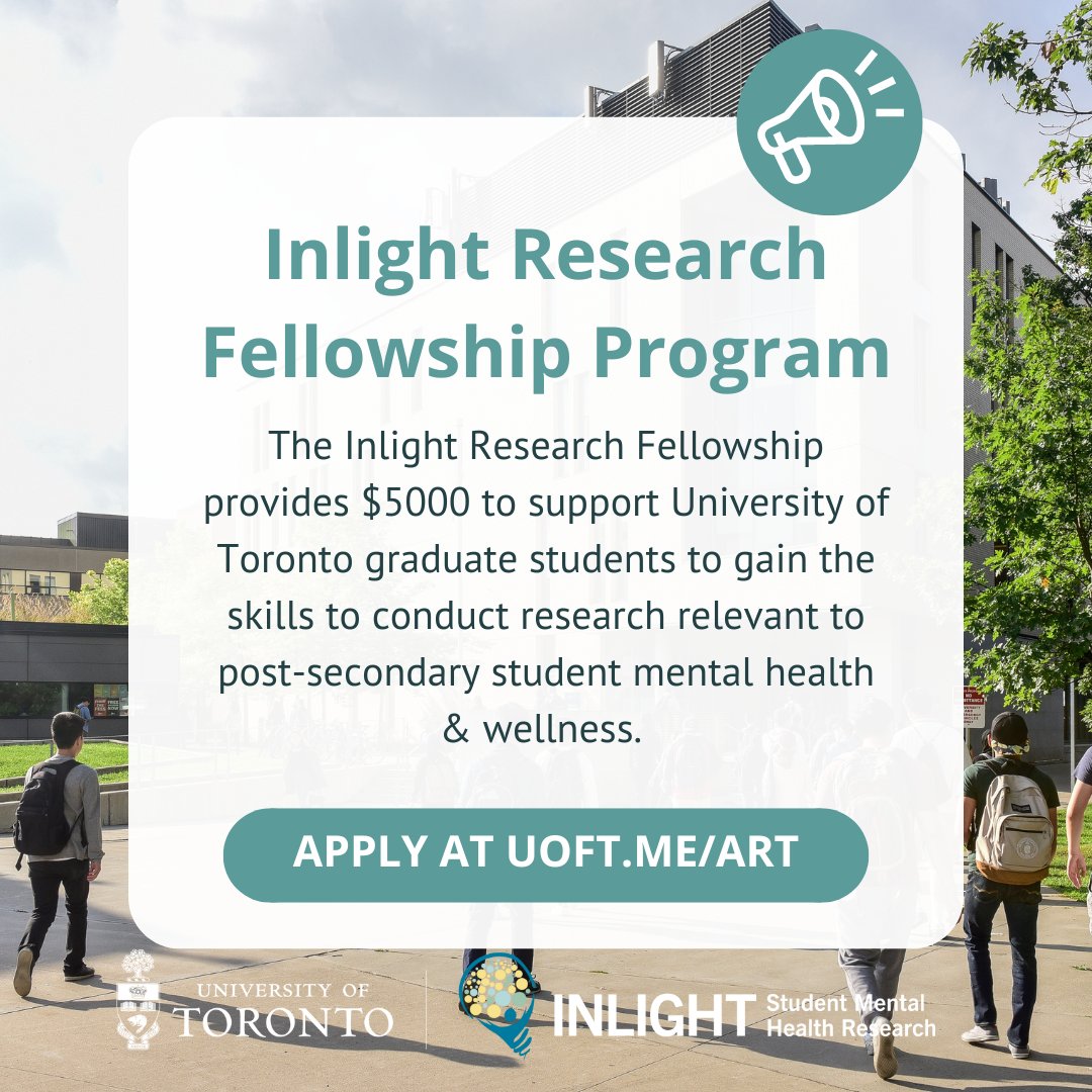 Inlight - Student Mental Health Research at UofT (@uoftinlight) on Twitter photo 📢Are you <a href="/UofT/">University of Toronto</a> grad student with an interest in post-secondary student mental health and wellness? Apply for an Inlight Research Fellowship by October 7th for the opportunity to grow your research skills in this area (includes a $5000 stipend)
Apply now: uoft.me/aRt 📢Are you <a href="/UofT/">University of Toronto</a> grad student with an interest in post-secondary student mental health and wellness? Apply for an Inlight Research Fellowship by October 7th for the opportunity to grow your research skills in this area (includes a $5000 stipend)
Apply now: uoft.me/aRt