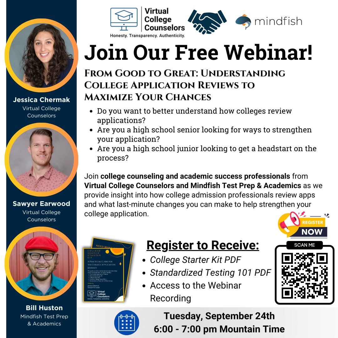 VirtualCollegeC's tweet image. Join our #FREE #webinar, "From Good to Great: Boost Your #College Applications!" on Sept. 24, 6-7 PM MT. Get insider tips from experts about how colleges review applications! Register now &amp;amp; receive exclusive resources, even if you can't attend! 
#mom #dad #student #education