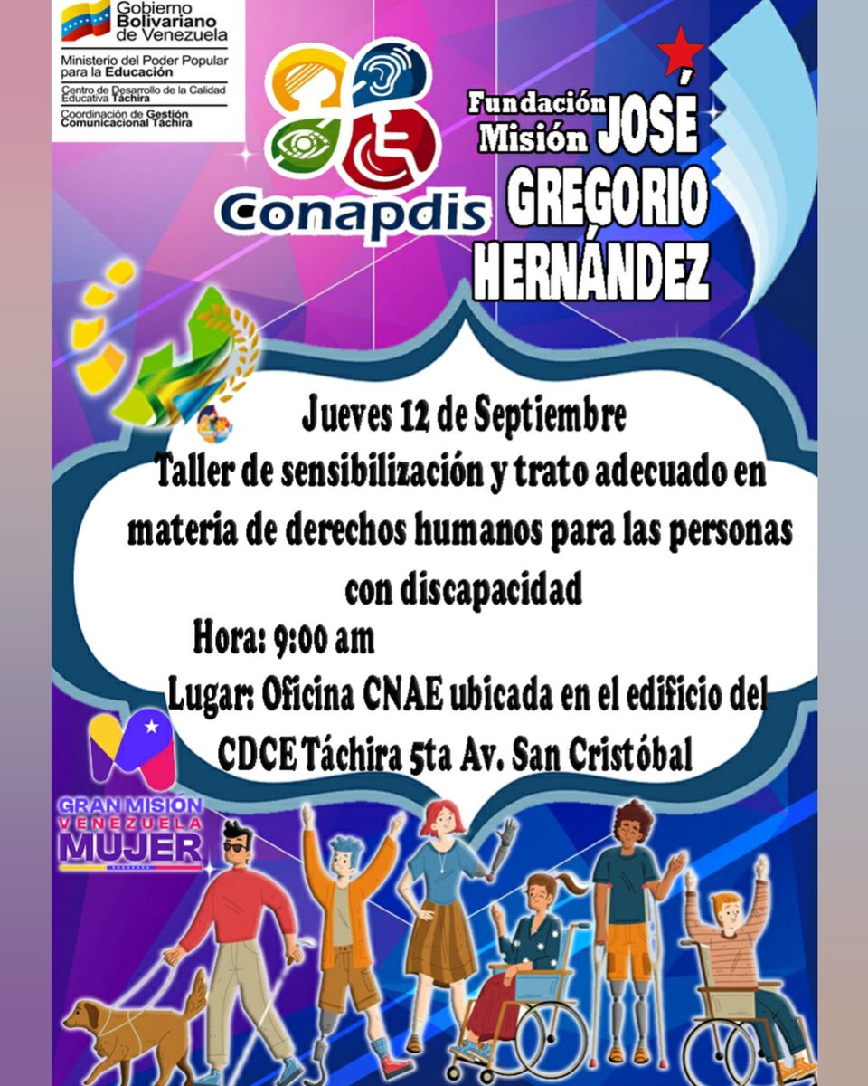 Te invitamos este jueves 12 de Septiembre, al taller de sensibilización y trato adecuado en materia de derechos humanos para las personas con discapacidad que se realizará en la oficina CNAE.
<a href="/HectoRodriguez/">Héctor Rodríguez C.</a>   
<a href="/cnaeoficial/">cnaeoficial</a> 
<a href="/CDCETachira/">CDCE Táchira</a>