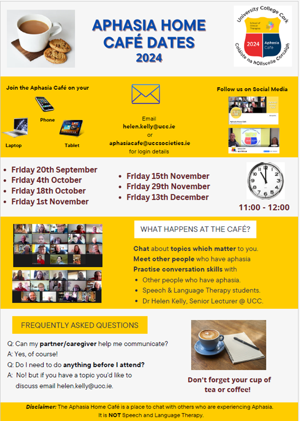 Aphasia Home Café (@aphasiahomecafe) on Twitter photo Are you ready?!! Here are the dates for our Aphasia Home Café to December. If you have aphasia and want to join us, email helen.kelly@ucc.ie or aphasiacafe@uccsocieties.ie Are you ready?!! Here are the dates for our Aphasia Home Café to December. If you have aphasia and want to join us, email helen.kelly@ucc.ie or aphasiacafe@uccsocieties.ie