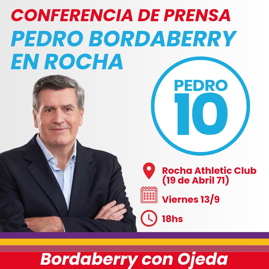avanza_rocha's tweet photo. ☀️🚩¡Pedro Bordaberry en Rocha! Acompáñanos en su conferencia de prensa y presentación de su equipo.

📍Rocha Athletic Club (19 de Abril 71)
🗓 Viernes 13/09
🕐 18hs

#BordaberryConOjeda https://t.co/8BL64pYOyu