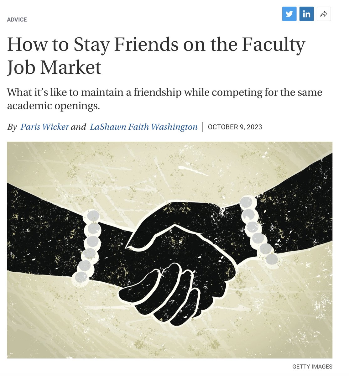 With the faculty job market back in full-swing, it feels like a good time to reshare <a href="/ShawnTheScholar/">Dr. LaShawn Faith Washington</a>  and my piece in the <a href="/chronicle/">The Chronicle of Higher Education</a> about navigating friendships on the job market. Learn from us, and make a plan to care for one another #faculty #phd chronicle.com/article/how-to…