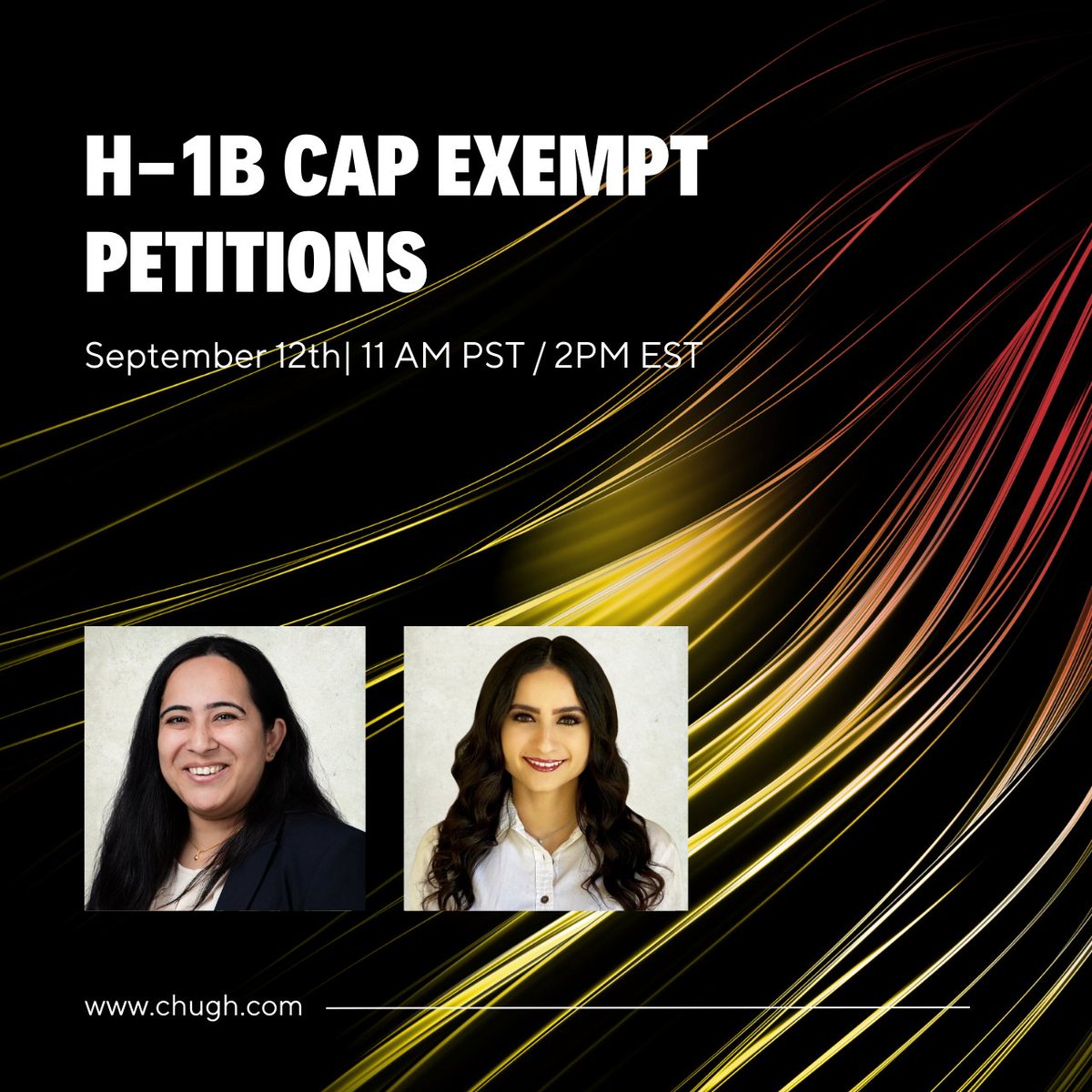 chughllp's tweet image. #ThursdayTalks
We invite you to join us for an informative session on H-1B Cap Exempt Petitions on Thursday, September 12th at 11 AM PST/2 PM EST. 

Join us LIVE
Facebook- facebook.com/share/692i5Bxw…
LinkedIn- linkedin.com/events/h-1bcap…