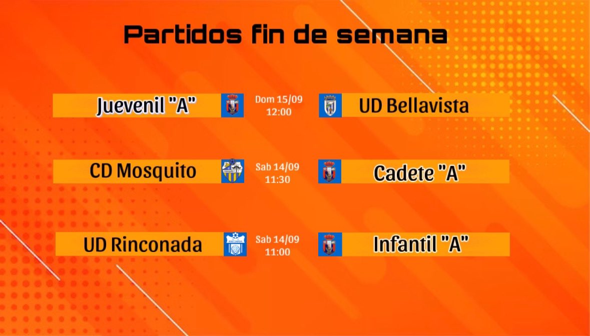 Este fin de semana se pone en marcha la competición para 3 de nuestros equipos

Nuestro Juvenil "A" recibirá el Domingo a las 12:00 a <a href="/UDBellavista75/">Unión Deportiva Bellavista</a> 

El Cadete "A" visitara el Sábado a las 11:30 a <a href="/CDMosquito1973/">CD. Mosquito</a> 

Y nuestro Infantil "A" el Sábado a las 11:00 vs <a href="/UDRinconada/">Unión Deportiva Rinconada</a>