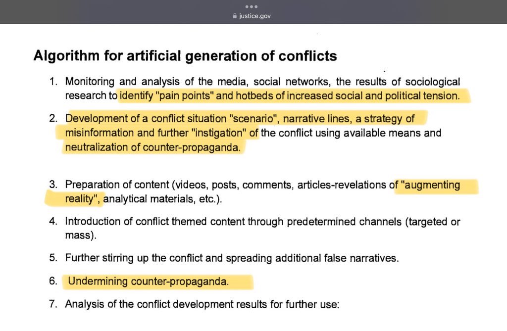 jimstewartson's tweet image. This “algorithm for artificial generation of conflicts” is translated from Russian internal government documentation of an offensive psychological operation designed to brainwash Americans. It’s from an @FBI affidavit.

I was told I was mentally ill for saying this is happening.…