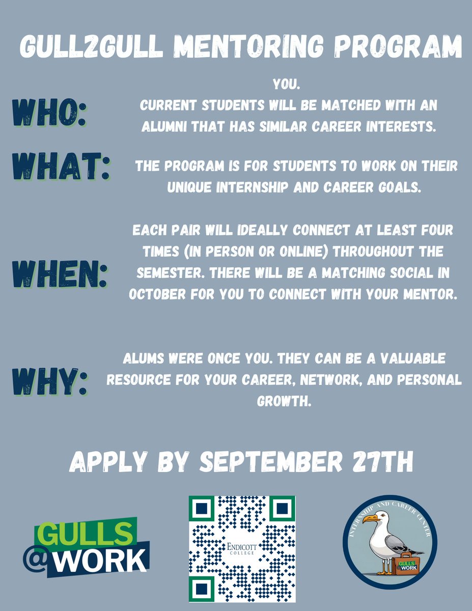 Calling all Gulls! The Gull2Gull Mentoring Application is live and closes on September 27th! This is a great opportunity to learn from Alumni! Please see these flyers for more info! <a href="/EndicottCollege/">Endicott College</a> #Mentoring #GullsAtWork #EndicottCollege