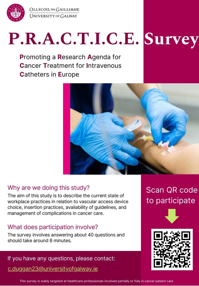 💡A vascular access device has been described as a lifeline for someone undergoing anti-cancer therapy.
🤔 As clinicians, what affects our choice of VAD ?
🔎 Who inserts the devices ?
📊 8 mins to complete
 Closes 30th Sept.  ➡️ nuigalway.questionpro.eu/t/AB3u0msZB3vu…