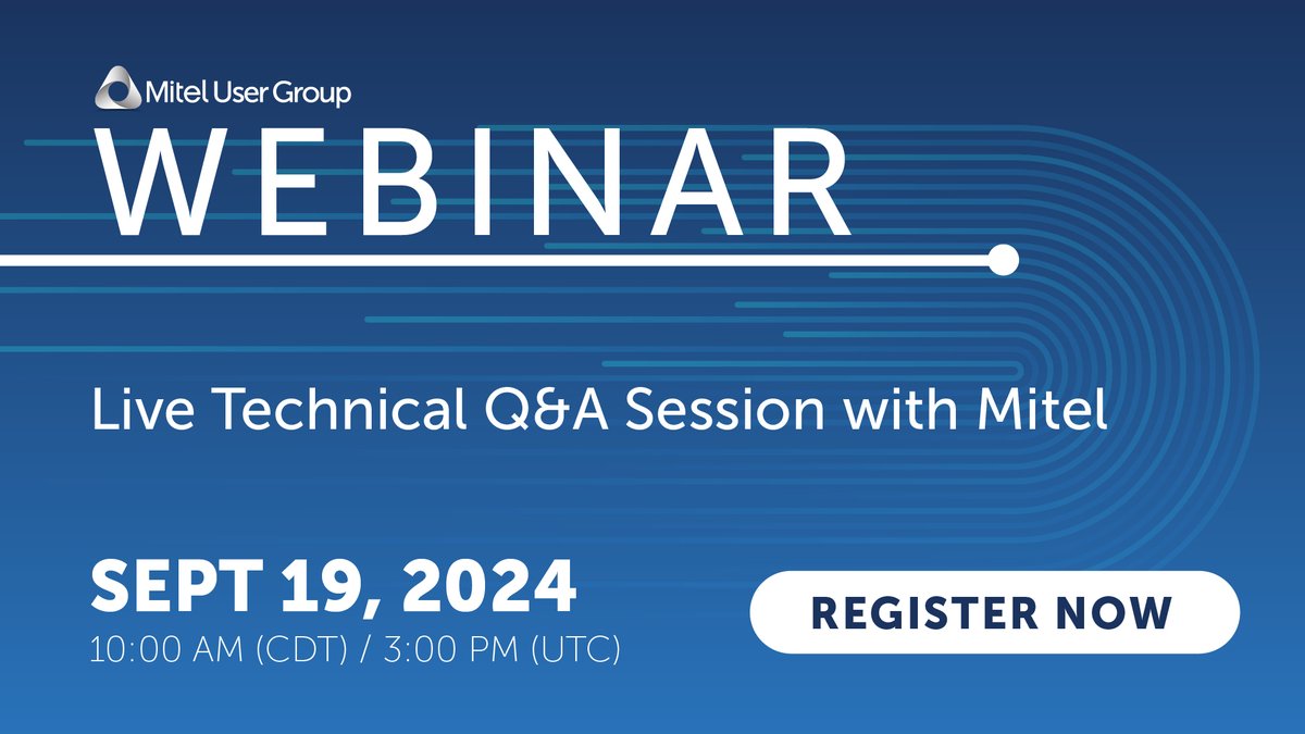 Mitel User Group (@mitelusergroup) on Twitter photo Join us for our Live Technical Q&A on September 19! Whether you're troubleshooting or curious about best practices, <a href="/Mitel/">Mitel® Official</a> experts will be there to help. Don't miss out on this chance to get real-time solutions and insights. Register now: bit.ly/4dXHhyZ Join us for our Live Technical Q&A on September 19! Whether you're troubleshooting or curious about best practices, <a href="/Mitel/">Mitel® Official</a> experts will be there to help. Don't miss out on this chance to get real-time solutions and insights. Register now: bit.ly/4dXHhyZ