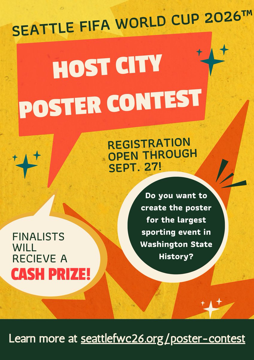 CM Dave Upthegrove (@cmupthegrove) on Twitter photo Are you an artist located in Washington State? Submit a design for the FIFA World Cup Host City Poster Contest!
They are looking to capture the culture, community spirit, people, and passion for soccer that make Seattle, and WA special.
For details visit seattlefwc26.org/poster-contest Are you an artist located in Washington State? Submit a design for the FIFA World Cup Host City Poster Contest!
They are looking to capture the culture, community spirit, people, and passion for soccer that make Seattle, and WA special.
For details visit seattlefwc26.org/poster-contest