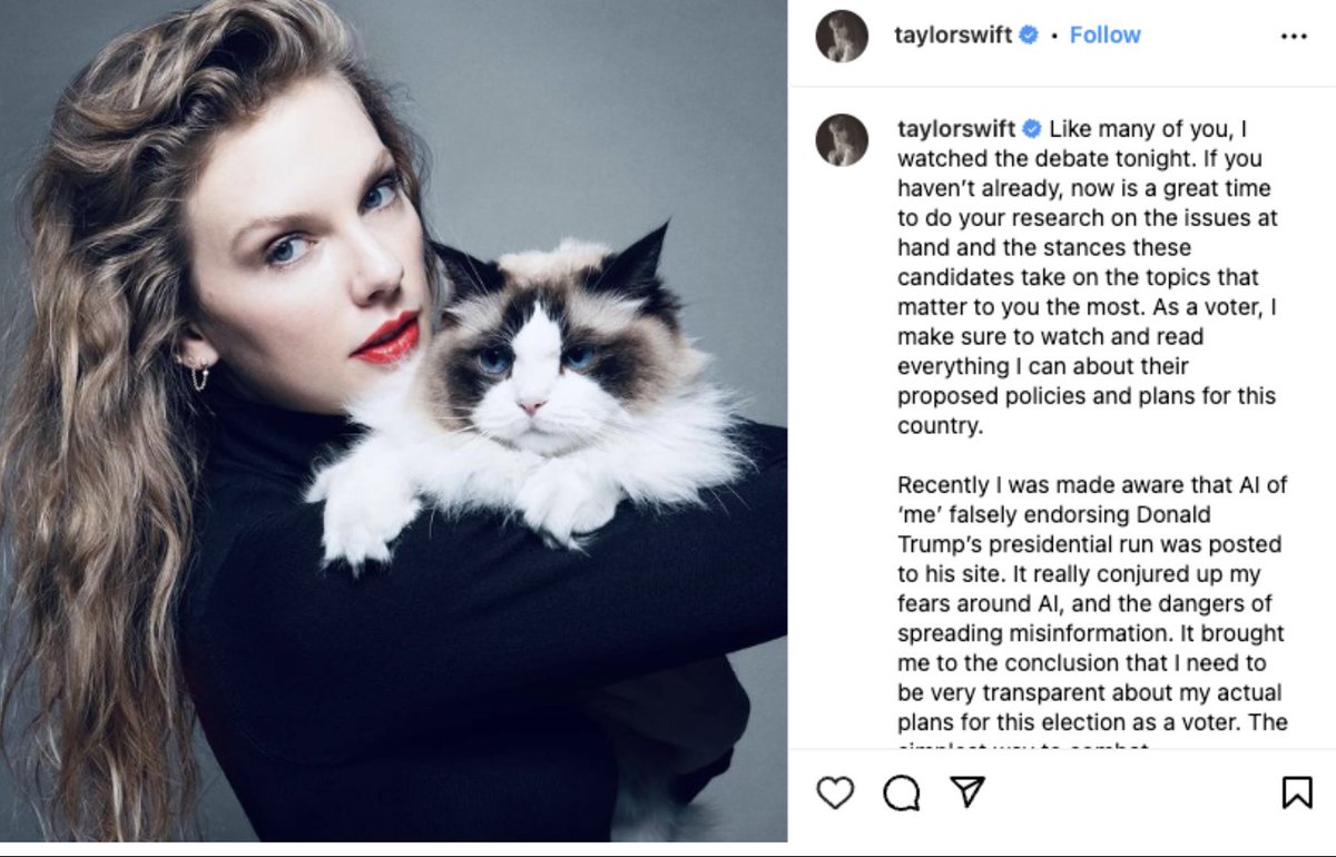 Taylor Swift took to social media to express fears about AI after deepfakes falsely endorsing Trump were posted. “The simplest way to combat misinformation is with the truth,” she said. At mintBlue, we're working on solutions to stop this misuse. Let's discuss.👇