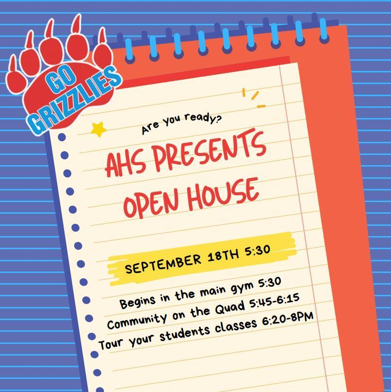 AHS_AshlandHigh's tweet photo. Are you ready? AHS presents Open House! Happening on Wednesday, September 18th.
We will begin in the main gym at 5:30, then have our community on the quad from 5:45 to 6:15, then end with a tour of student classes from 6:20 to 8:00 pm. 
We hope to see you there! https://t.co/4WkCAhP7yE