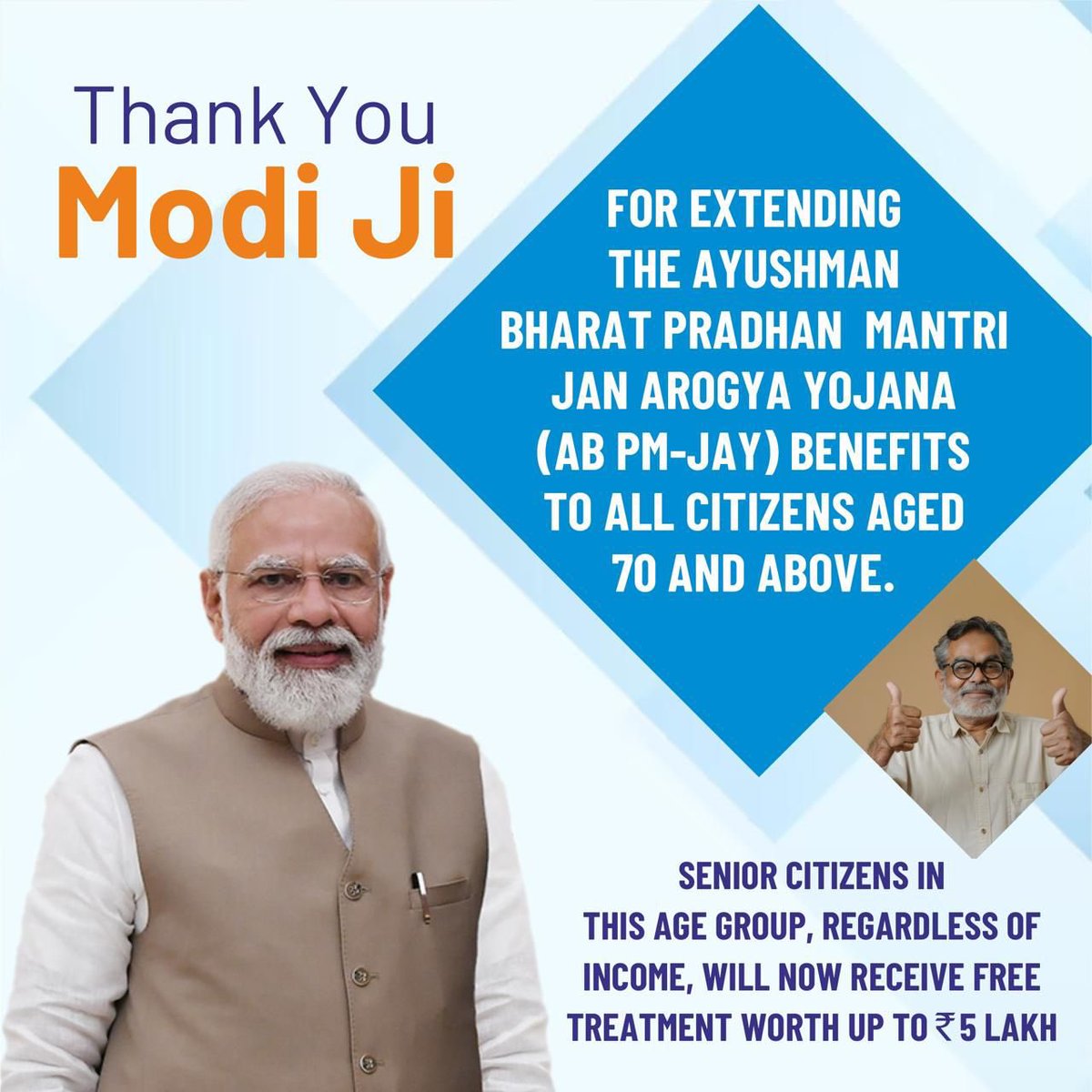 bandisanjay_bjp's tweet image. Empowering our senior citizens! 

With the Hon’ble PM Shri @narendramodi Ji led govt’s extension of Ayushman Bharat PM-JAY, 6 crore senior citizens aged 70 years and above will now receive ₹5 lakh free health coverage. 

This move aims to benefit 4.5 crore families, ensuring…