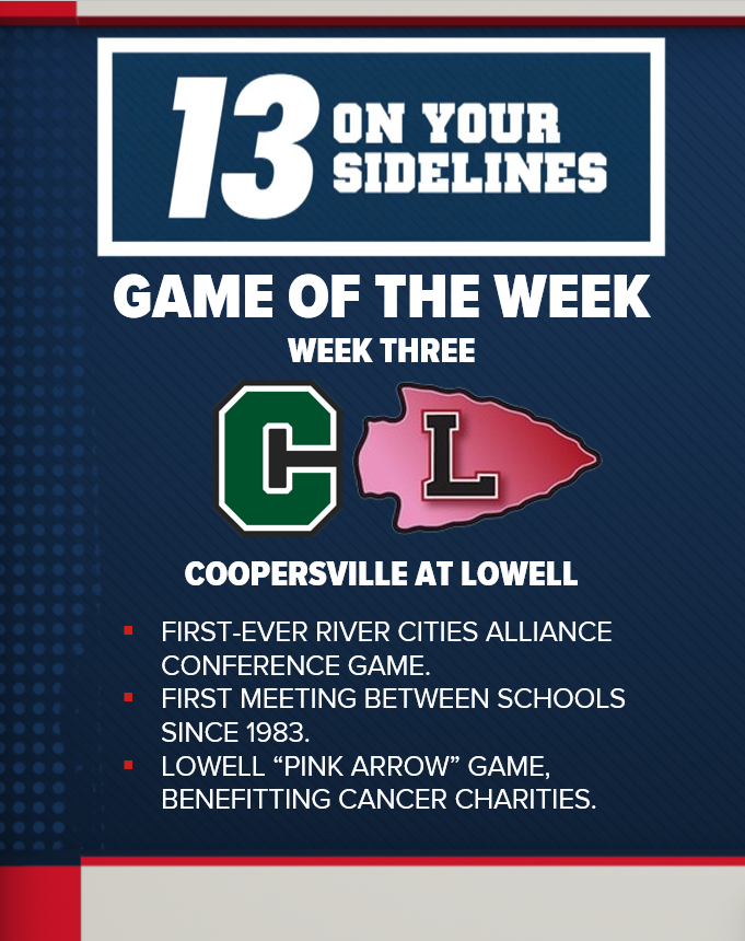 🚨 GAME OF THE WEEK ANNOUNCEMENT 🚨

Coopersville (1-1) travels to Lowell (1-1) this week for a historic match-up. We'll be live from Red Arrow Memorial Stadium at 5 and 6 p.m. on Friday. Then you can tune in for all the highlights at 11:15 p.m.

<a href="/chsbroncos/">Bronco Athletics</a> <a href="/Lowellredarrows/">Lowell Red Arrows</a>