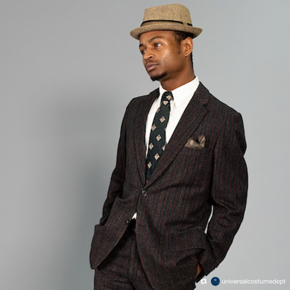 assemblyatlanta's tweet photo. A cool suit, stylish tie, topped off with a great hat, and bam - Your actor knows exactly who their character is! This ensemble and many other men's suits and #accessories are available to rent at the #UniversalCostumeDepartment at #AssemblyStudios! Repost from #UniversalATL https://t.co/4ph70VBpfv