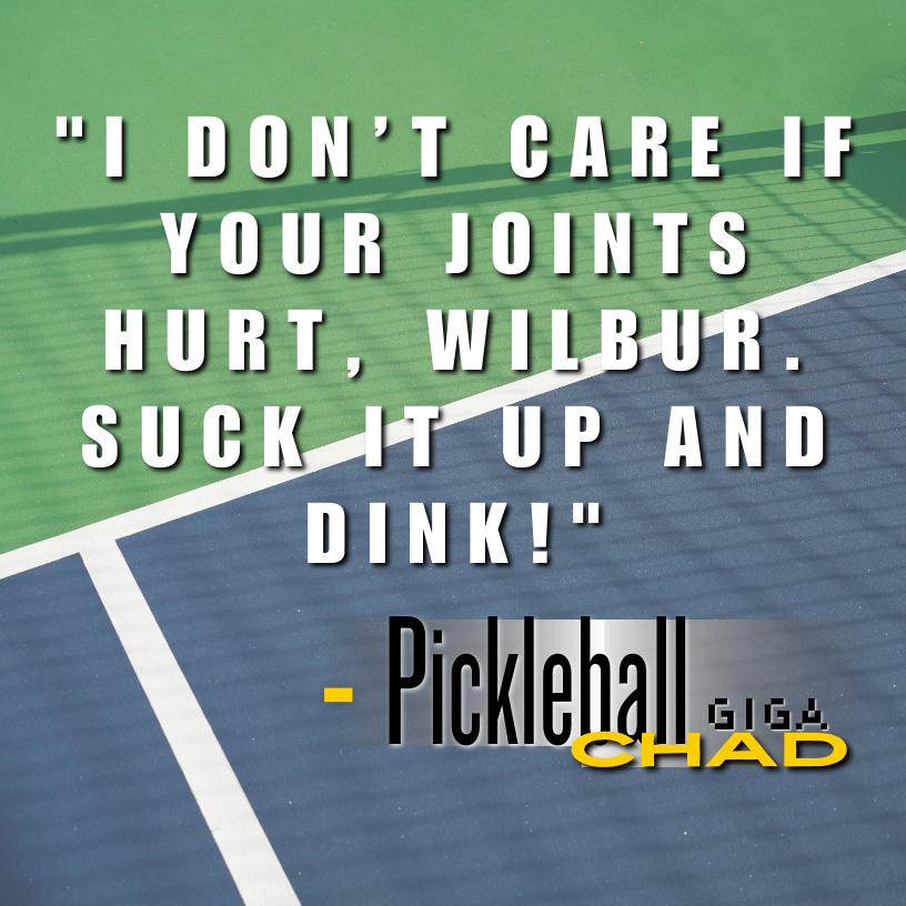 Pickleball_Chad's tweet image. A true champion doesn’t let a little joint pain slow them down. Time to dig deep, Wilbur! Pain is temporary. Pickleball glory is forever!🔥 #PainIsGain #AlphaMindset #DinkOrDie #pickleball