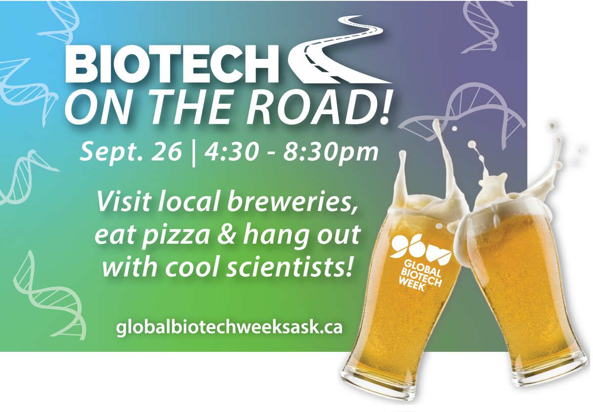 Need a new T-shirt? Register for Biotech on the Road!

Sept. 26 | 4:30pm - 8:30pm 

Visit local breweries, eat pizza &amp; hang out with cool scientists! 
 
For more info &amp; registration: agwestbio.member365.ca/public/event/d…

Registration required. Must be 19+ to register.