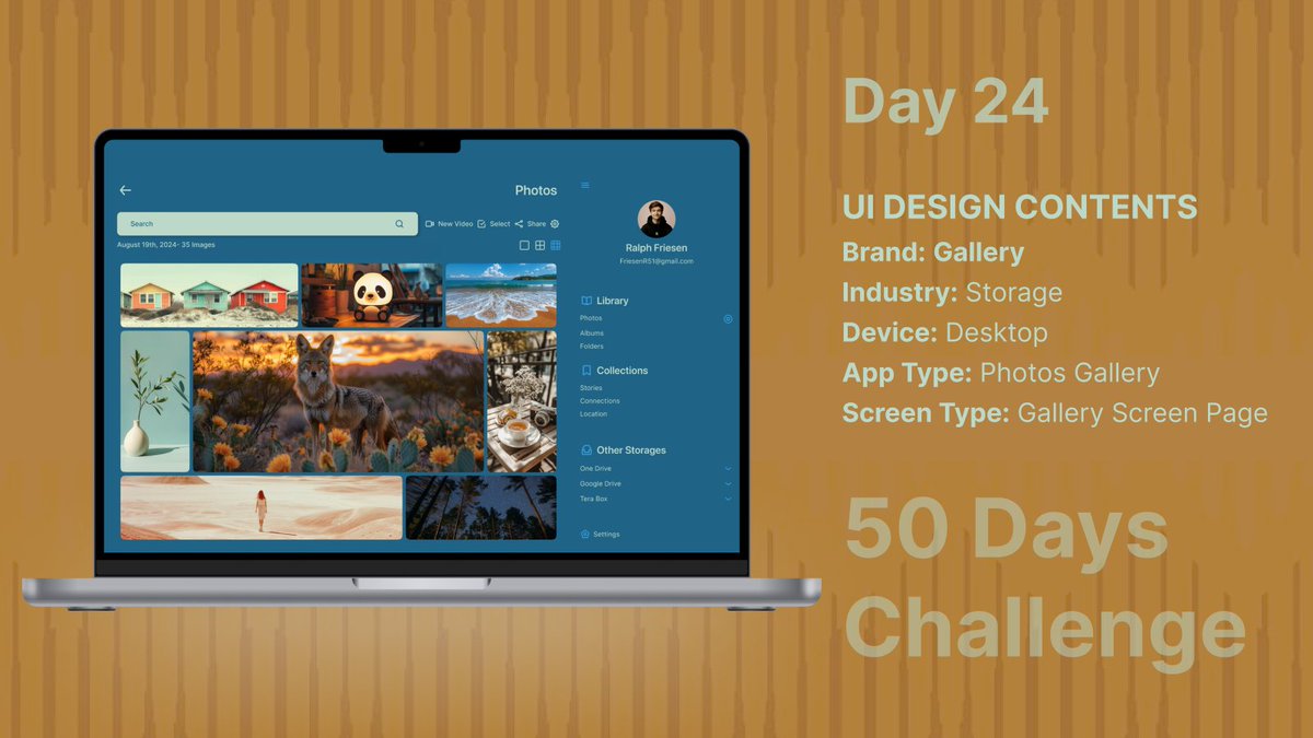 ashish1lexbaa's tweet image. Day 24 of my #50DaysUIChallenge! Designed a sleek gallery screen for a desktop photo storage app. Streamlining image management and making photo organization easier than ever! 📸💾 #UIDesign #UXDesign #StorageSolutions #TechDesign #DesignJourney