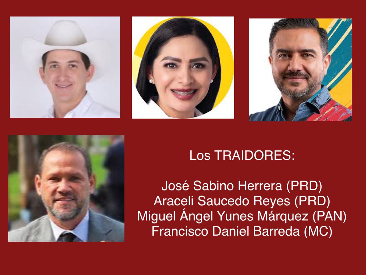 No se les olviden sus caras y sus nombres.
Ellos traicionaron a sus votantes y a todo México. 
Pasarán a la historia como lo que son: TRAIDORES. 

José Sabino Herrera 
Araceli Saucedo Reyes
Miguel Ángel Yunes Márquez
Francisco Daniel Barreda