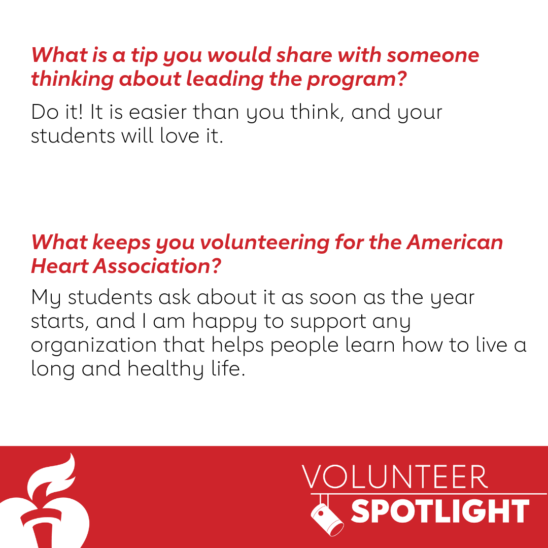 This school year, we're excited to recognize volunteers who lead our youth programs!

Meet Marianna Porcello, the PE teacher at two VT schools. Thank you, Marianna, for being a part of #KidsHeartChallenge!

To learn more or enroll your school, visit spr.ly/6013WoEeX.