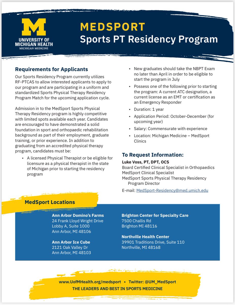 UM MedSport (@um_medsport) on Twitter photo A little under a month until we begin accepting applications for our next cohort of Sports PT Residents!
If youโre interested send us an email for more information!
#physicaltherapy #sportspt #sportsphysicaltherapy
<a href="/umichmedicine/">Michigan Medicine</a> @APTAtweets @OrthopaedicAPTA <a href="/aaspt_apta/">American Academy of Sports Physical Therapy</a> A little under a month until we begin accepting applications for our next cohort of Sports PT Residents!
If youโre interested send us an email for more information!
#physicaltherapy #sportspt #sportsphysicaltherapy
<a href="/umichmedicine/">Michigan Medicine</a> @APTAtweets @OrthopaedicAPTA <a href="/aaspt_apta/">American Academy of Sports Physical Therapy</a>