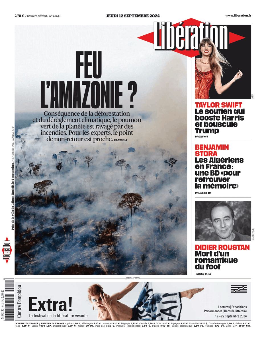 Feu l'Amazonie ? C'est la une de @Libe jeudi. 

Conséquence de la déforestation et du dérèglement climatique, le poumon vert de la planète est ravagé par des incendies. Pour les experts, le point de non-retour est proche.