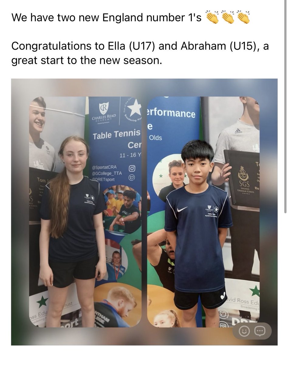 Charles Read Academy (@charles_read_) on Twitter photo <a href="/Charles_Read_/">Charles Read Academy</a> We are so proud of these two table tennis scholars, both England number ones. Congratulations. Hard work pays off. <a href="/Charles_Read_/">Charles Read Academy</a> We are so proud of these two table tennis scholars, both England number ones. Congratulations. Hard work pays off.