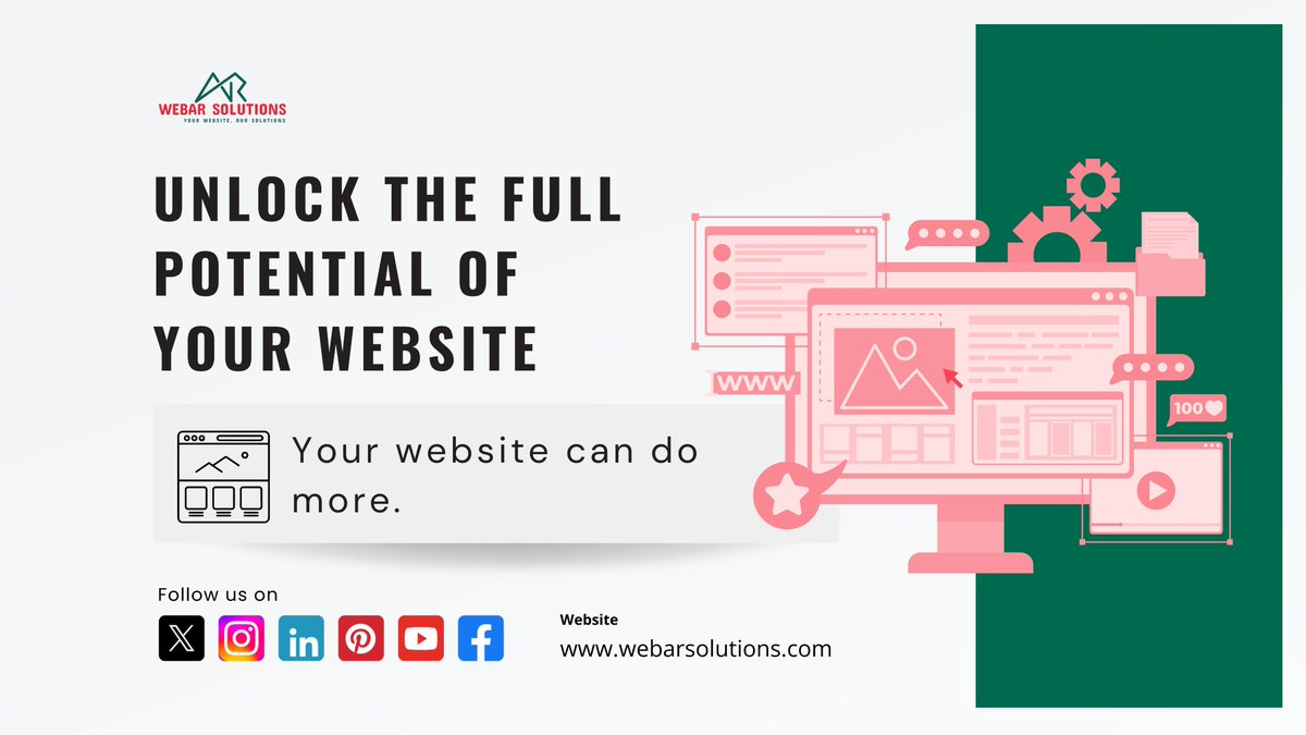 WebarSolutions's tweet image. With our expert web development services, we can unlock the full potential of your site, adding new features, improving functionality, and enhancing the user experience. Let us help you take your website to the next level.
#WebDevelopment #WebsiteEnhancement #FullPotential