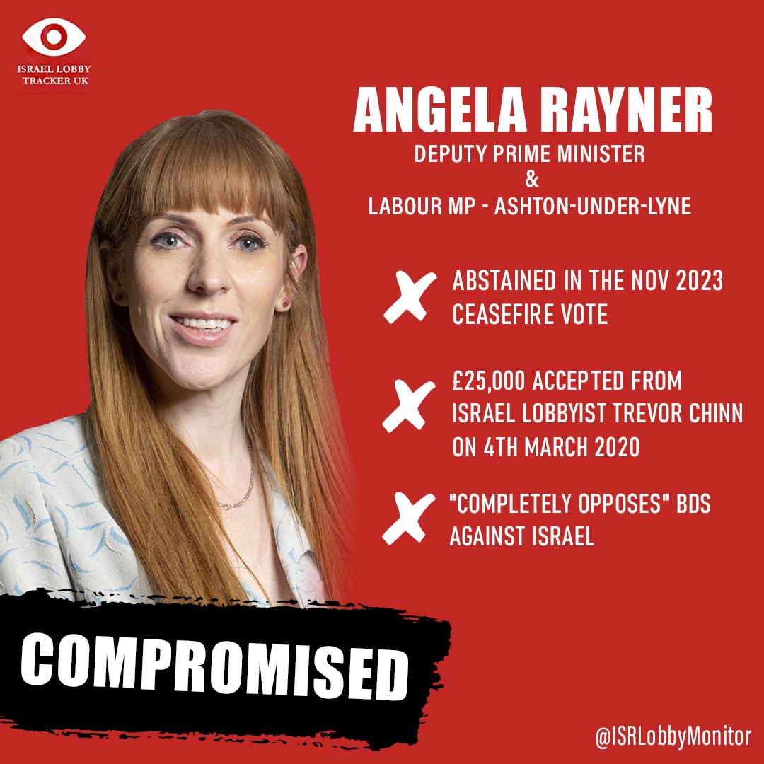 Israel Lobby Tracker UK (@isrlobbymonitor) on Twitter photo <a href="/AngelaRayner/">Angela Rayner</a> Officially recognise the State of Palestine.
You’re still not doing it - even though you said you would.
Rayner >>> £25,000 accepted from the Israel Lobby. <a href="/AngelaRayner/">Angela Rayner</a> Officially recognise the State of Palestine.
You’re still not doing it - even though you said you would.
Rayner >>> £25,000 accepted from the Israel Lobby.