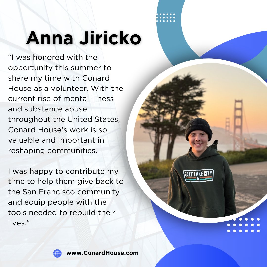 Thank you, Anna, for dedicating your time and skills to Conard House! As a pre-law student, Anna generously volunteered to conduct essential research for our organization. Anna's passion for community work and social justice has been truly inspiring!