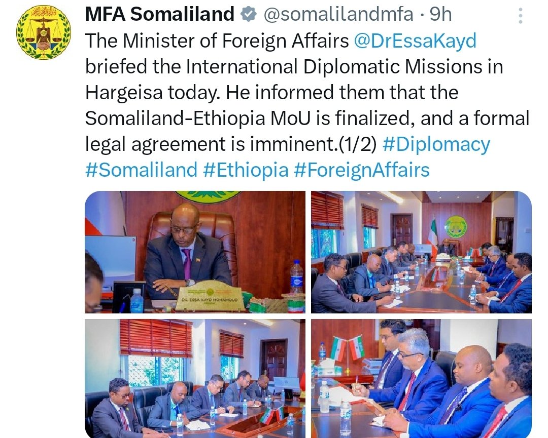 የሶማሊላንድ ሪፐብሊክ የውጭ ጉዳይ ሚኒስትር በሃርጌሳ ለሚገኙ አለም አቀፍ ዲፕሎማቶች እንደተናገሩት በኢትዮጵያ እና በሶማሊላንድ መካከል የተደረገው ስምምነት የመጨረሻ ምዕራፍ ላይ ደርሷል። በአጭር ጊዜ ወደ ትግበራ ይገባል።እንኳን ደስ አለን🇪🇹🇪🇹