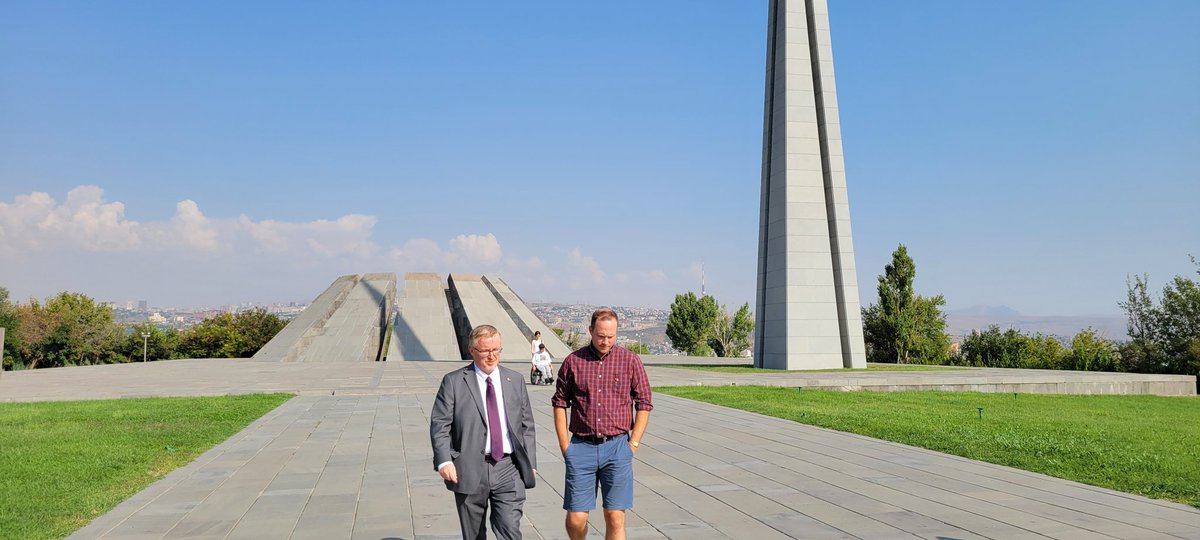 NateForOntario's tweet photo. In Yerevan for the 10th IPU forum for young MPs and spent time today at Canada's new embassy and with our Ambassador to visit the powerful memorial to the Armenian genocide. https://t.co/cby2AAx1Tv