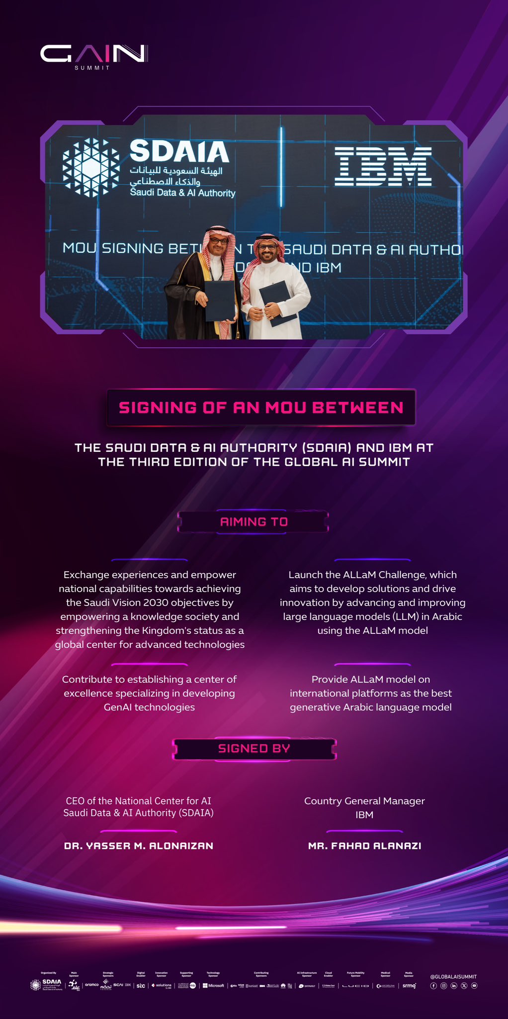 Global AI Summit on X: In the third edition of GainSummit, @SDAIA_SA and  @IBM sign an MoU to empower users worldwide with AI solutions and  technologies related to the Arabic language. t.coqEcpOyw5AE 