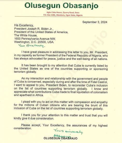 Expresidente de #Nigeria <a href="/Oolusegun_obj/">Olusegun Aremu Obasanjo</a> se une al llamado de la comunidad internacional, solicitando al presidente de EEUU, Joe Biden, que reconsidere la inclusión de #Cuba en la lista de Estados patrocinadores del terrorismo.

Le expresamos profunda gratitud.