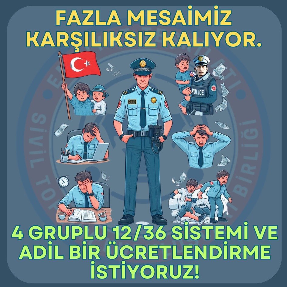 Bir emniyet müdürlüğünde 160 saat çalışan ile 240 saat çalışan aynı ücreti alıyor. Ailemizden, çocuklarımızdan ve geleceğimizden çalınıyor. Polise saat başı mesai ücreti istiyoruz!

4 gruplu 12/36 sistemi talep ediyoruz! 

#EmniyeteİnsancaYaşam