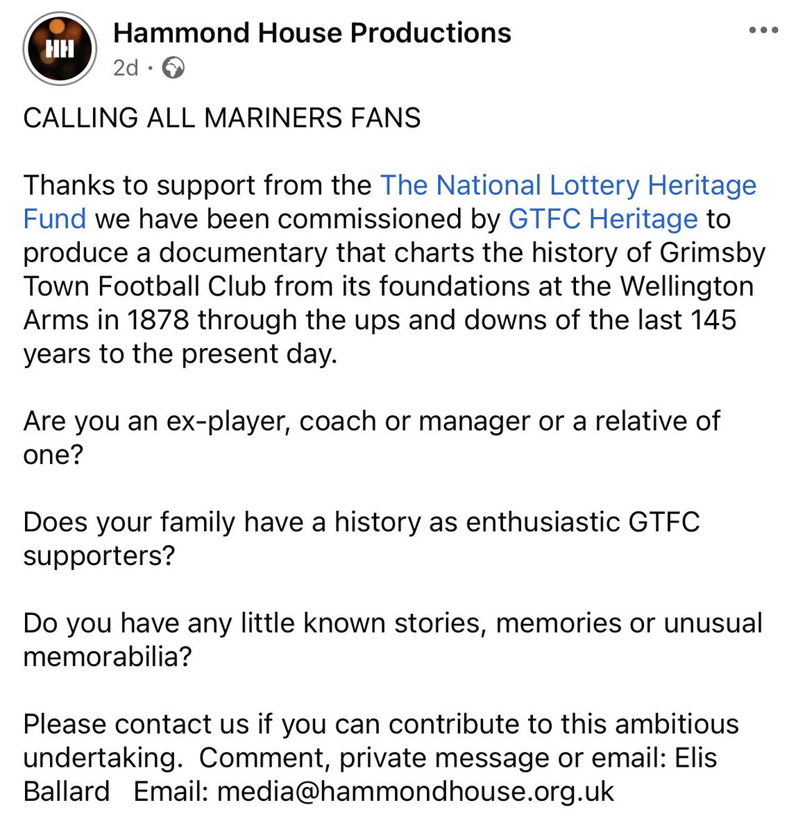 1878 to 2024 - a documentary that will span the last 124 years of #GTFC

Test filming is done and we’re looking forward to stories guiding the path as we go.

What to get involved? You can contact Hammond House Productions - details
👇🏻 or contact us to connect 🖤🤍