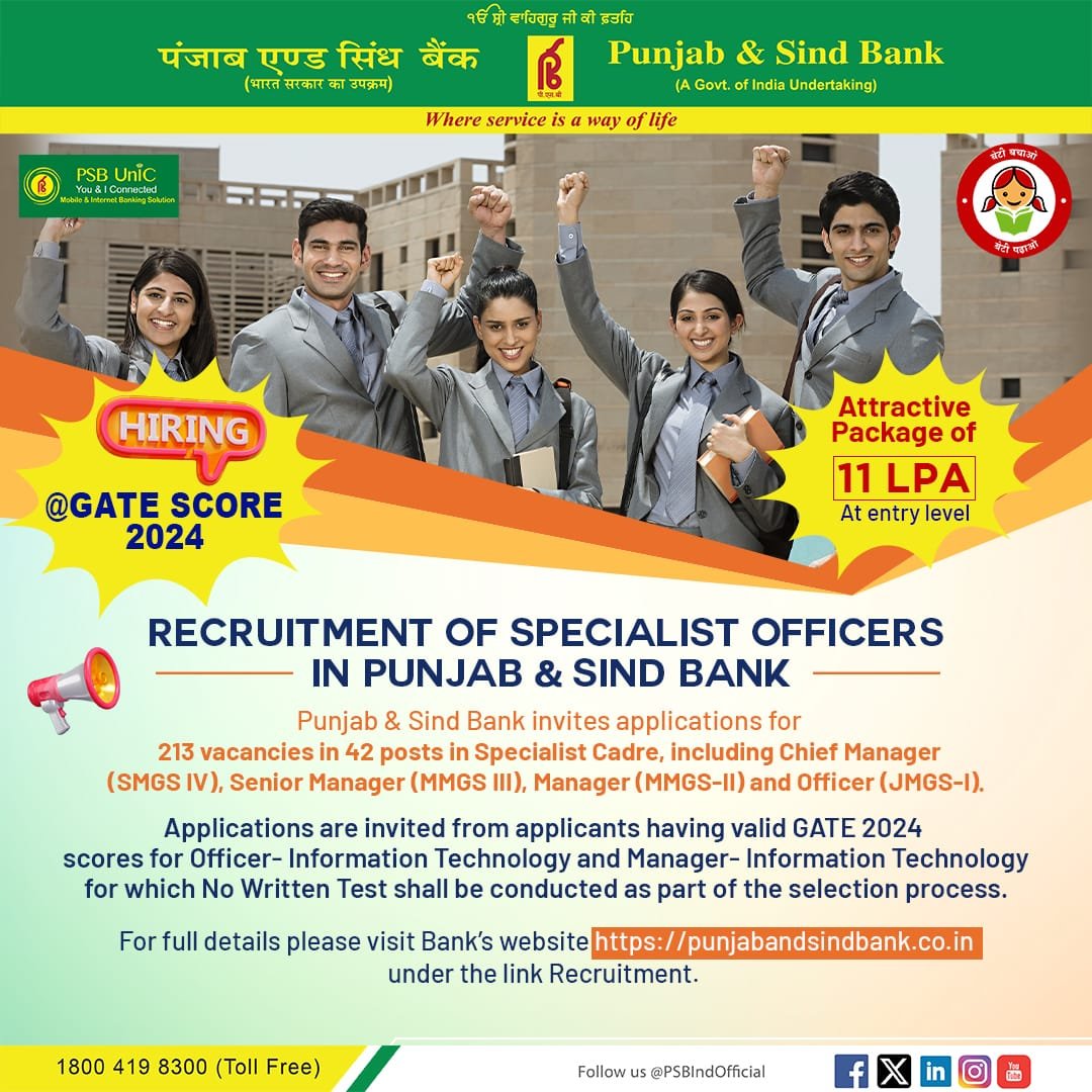 PSBIndOfficial's tweet image. Recruitment of specialist officers in Punjab &amp;amp; Sind Bank

#PSB #PunjabAndSindBank

@iitjodhpur @IITPAT @IITIndore @iit__mandi @IITBHU_Varanasi @PalakkadIIT @iit_tirupati @IITISM_DHANBAD @IIT_Bhilai @iitdhrwd @IITJammu @IITGoaofficial
@IITMZanzibar  @IITKgp @iitmadras
