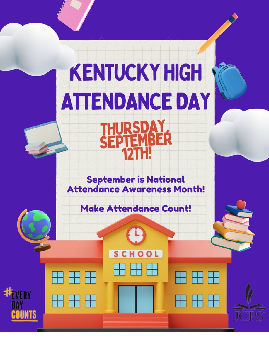 🗓️ HIGH ATTENDANCE DAY | Tomorrow is Kentucky High Attendance Day, and September is National Attendance Awareness Month. Let’s help students build a habit of good attendance early and often! 

Learn more about why attendance matters at attendanceworks.org. #WeAreJCPS