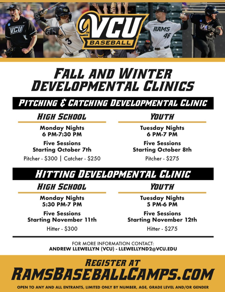🚨VCU BASEBALL FALL/WINTER CAMPS AND CLINICS🚨

There are limited spots in all of these events. If you want to be a RAM, this is the perfect opportunity to get on campus and in front of our entire coaching staff! 

REGISTER TODAY! 
ramsbaseballcamps.com