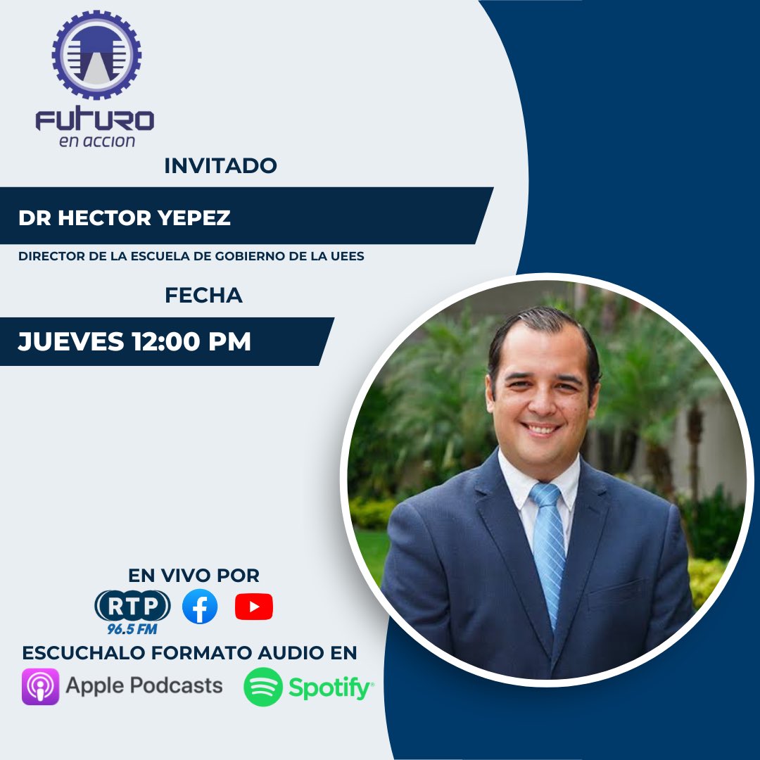 joyceginatta's tweet photo. Futuro en Acción con Joyce de Ginatta y Giovanni Ginatta.

Invitado del programa del día Jueves 12 de Septiembre:

Dr. Héctor Yépez, Director de la escuela de gobierno de la UEES.

Pueden ver y escuchar el programa en vivo de lunes a viernes de 12:00 a 13:00 a través la cuenta oficial de YouTube de Futuro en Acción, en la frecuencia 96.5 FM de Radio RTP y luego escucharlo a través de las plataformas Spotify Apple Podcast.

Síguenos en nuestro canal de YouTube y TikTok como Futuro en Acción.

#gobierno #ecuador #valores #ginatta #guayaquil #holcim