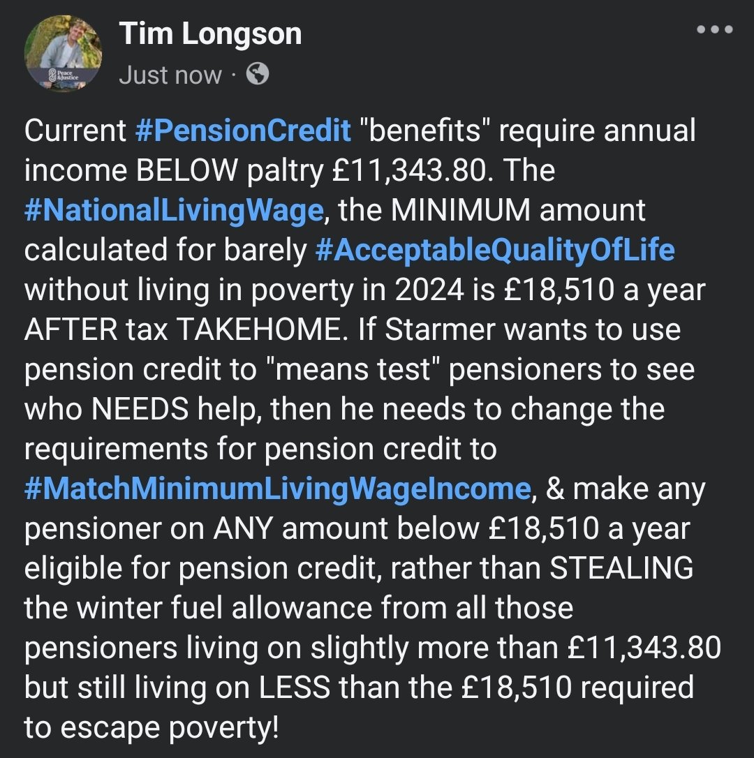 timlongson's tweet image. If #PensionCredit is to be used as means test for any pensioners #NeedingHelp then the requirements cut off point for it should be raised from £11,343.80 to the already accepted #NationalLivingWage, so ALL pensioners on less than £18,510 a year are #LivingInPoverty &amp;amp; must get it!