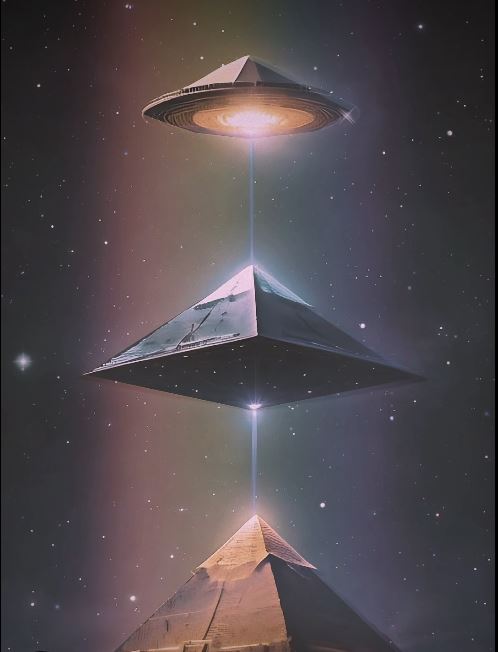 HPL_JDeLaughter's tweet photo. 🛸A gigantic, prismatic pyramid that changed colors as it slowly rotated, hung above the ancient mountain peak in the distance. The flight of black copters, with no markings visible among their flashing lights, flew toward the hovering, Egyptian enigma🎨odellhussey🛸#Lovecraftian https://t.co/4u7acK35Ni