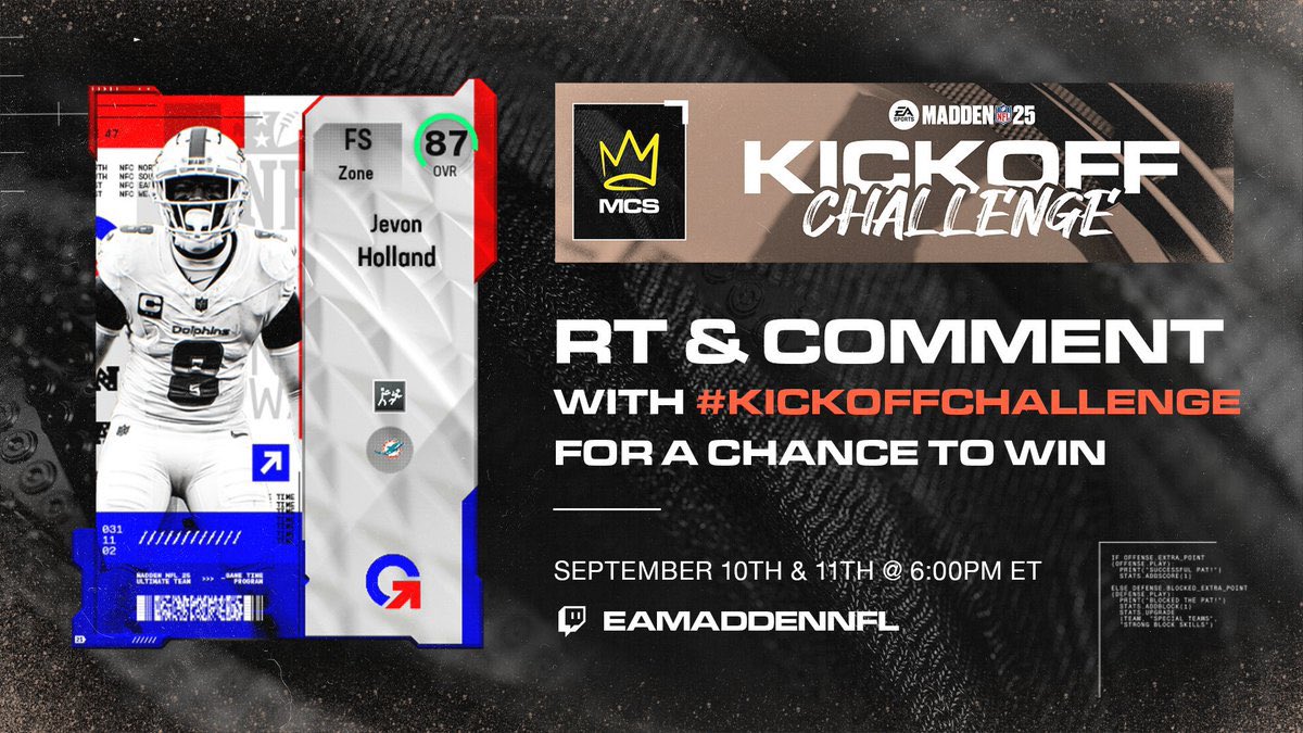 NewLurkCity1's tweet photo. 🏈@EAMaddenNFL_MCS Kickoff Challenge is LIVE!🏈

FOLLOW,RETWEET and COMMENT with #KickoffChallenge for a chance to win 87 OVR @quickdrawjev!

📺 https://t.co/rxdizcrdR3 https://t.co/tzsZBA2GDn