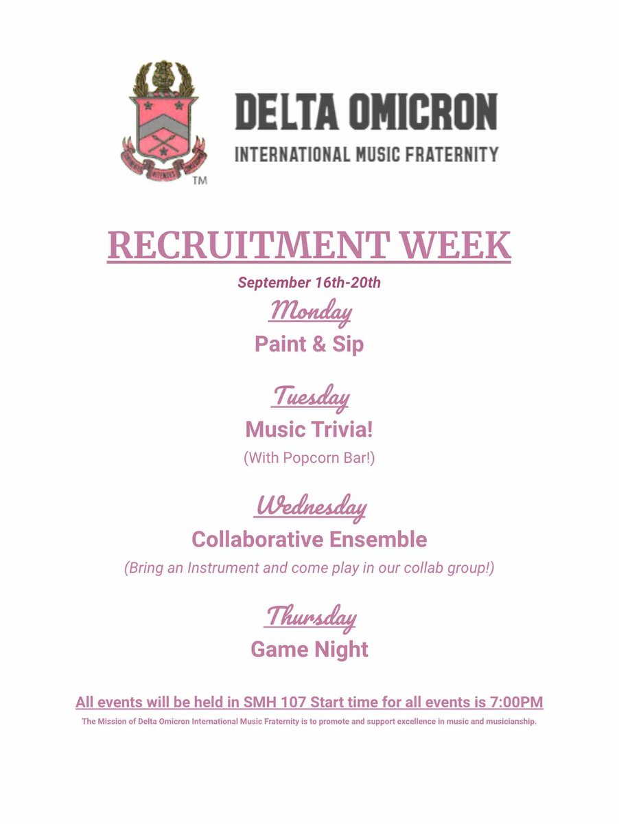 DeltaKappaDO's tweet photo. Marshall University's Delta Omicron Chapter is excited to announce our recruitment week for the 2024 fall semester! Delta Omicron is a music fraternity for music majors and minors, but all are welcome to come and have a great time with us! We hope to see you there! #LoveinDO https://t.co/DosYNwsCvZ