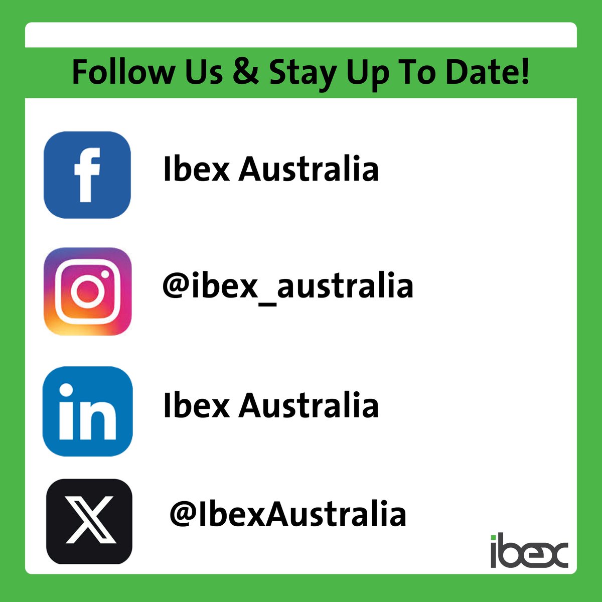IbexAustralia's tweet photo. Have you followed Ibex on our other social channels?
Facebook: Ibex Australia
Instagram: https:@ibex_australia
LinkedIn: https://t.co/ZhhhhLHXJ0
X: @IbexAustralia

Follow us and stay up to date! https://t.co/6hvLDCcL2g