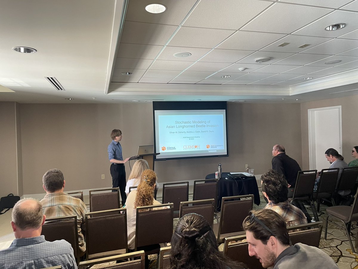 Dr. David Coyle (@drdavecoyle) on Twitter photo But I was not alone! Dr. Ethan Doherty (a postdoc with me in <a href="/ClemsonCAFLS/">Clemson CAFLS</a> and <a href="/KCookMathLab/">Keisha Cook, Ph.D.</a> in <a href="/ClemsonScience/">Clemson University College of Science</a>) gave a great talk on his research modeling Asian longhorned beetle dispersal behavior. This work will help improve our ability to detect this #invasivespecies. But I was not alone! Dr. Ethan Doherty (a postdoc with me in <a href="/ClemsonCAFLS/">Clemson CAFLS</a> and <a href="/KCookMathLab/">Keisha Cook, Ph.D.</a> in <a href="/ClemsonScience/">Clemson University College of Science</a>) gave a great talk on his research modeling Asian longhorned beetle dispersal behavior. This work will help improve our ability to detect this #invasivespecies.