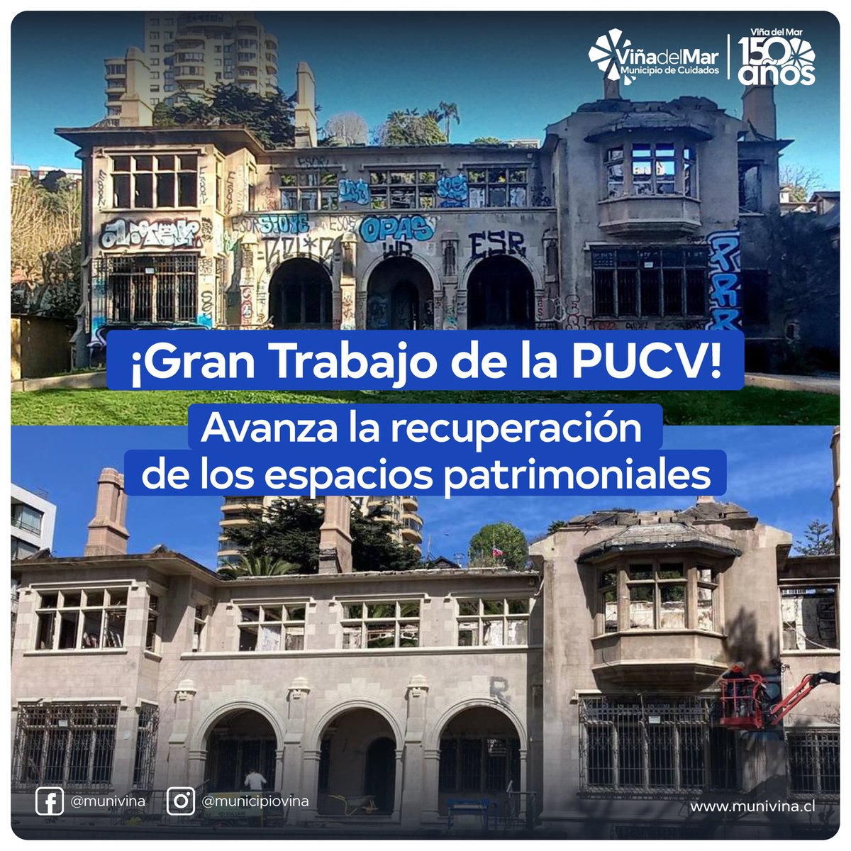 vinadelmar's tweet photo. ¡Recuperación Casa de Italia! 👏🏻Queremos agradecer a la Pontificia Universidad Católica de Valparaíso por avanzar en la recuperación de este gran patrimonio cultural viñamarino. Como Municipio nos comprometemos a seguir trabajando y valorar a quienes recuperan nuestro patrimonio. https://t.co/bskTiwVApp