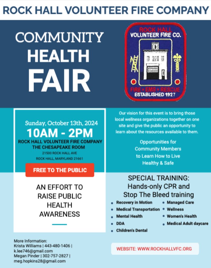 𝐑𝐇𝐕𝐅𝐂 𝐂𝐨𝐦𝐦𝐮𝐧𝐢𝐭𝐲 𝐇𝐞𝐚𝐥𝐭𝐡 𝐅𝐚𝐢𝐫
𝐒𝐮𝐧𝐝𝐚𝐲 , 𝐎𝐜𝐭𝐨𝐛𝐞𝐫 𝟏𝟑, 𝟐𝟎𝟐𝟒   |  𝟏𝟎:𝟎𝟎 𝐀𝐌 - 𝟐:𝟎𝟎 𝐏𝐌
𝐑𝐨𝐜𝐤 𝐇𝐚𝐥𝐥 𝐕𝐨𝐥𝐮𝐧𝐭𝐞𝐞𝐫 𝐅𝐢𝐫𝐞 𝐂𝐨𝐦𝐩𝐚𝐧𝐲 - 𝟐𝟏𝟓𝟎𝟎 𝐑𝐨𝐜𝐤 𝐇𝐚𝐥𝐥 𝐀𝐯𝐞, 𝐑𝐨𝐜𝐤 𝐇𝐚𝐥𝐥, 𝐌𝐃 𝟐𝟏𝟔𝟔𝟏